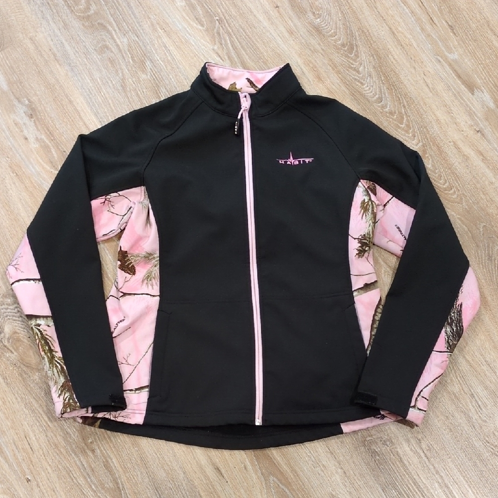 🩷🖤 Habit Black and Pink Softshell Jacket with Camo Women's size Small 🩷🖤